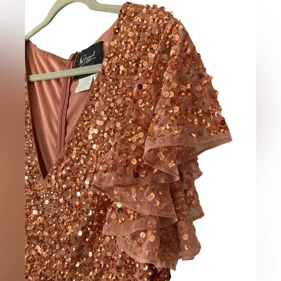 Mac Duggal - Rose Gold Sequined V-Neck Flutter Cap Sleeve Trumpet Dress mermaid - Picture 6 of 8